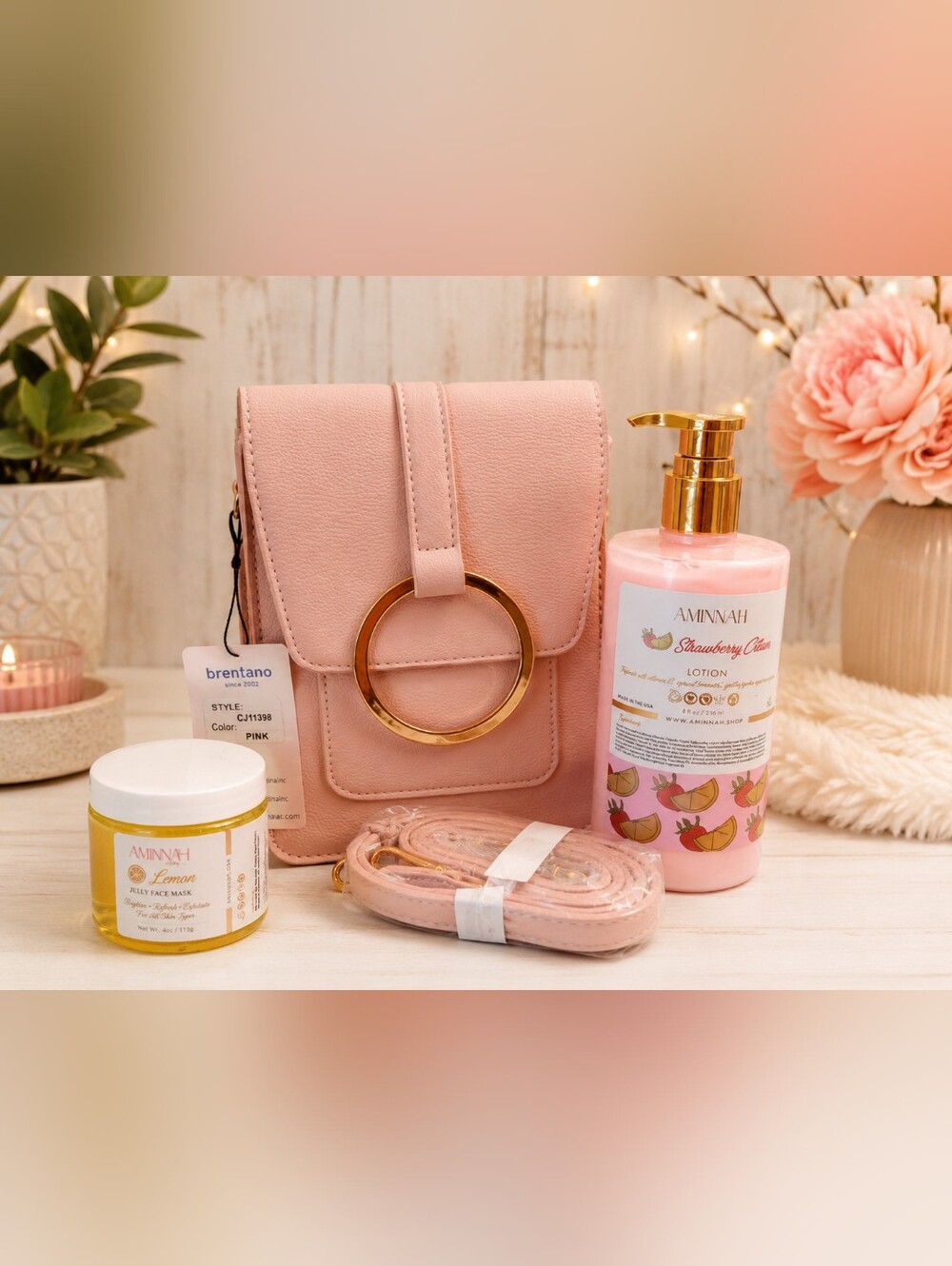 💕Brentano Pink Crossbody Bag with Gold Ring Accent &aminnah Bundle
